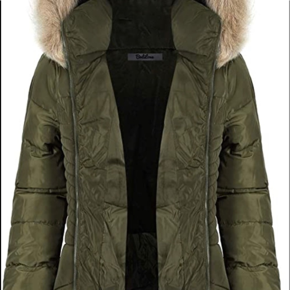 Hunter green puffer jacket with faux fur hoodie